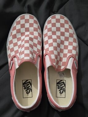 Vans Womens Slip-On Checkerboard Sneakers in Pink and White